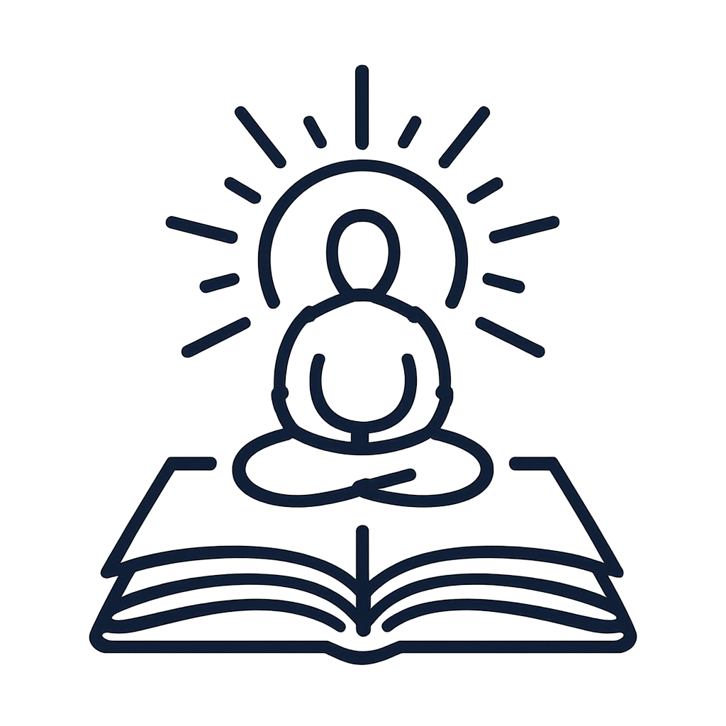 A figure meditating sits beneath a ring of light in front of what looks like an open book.