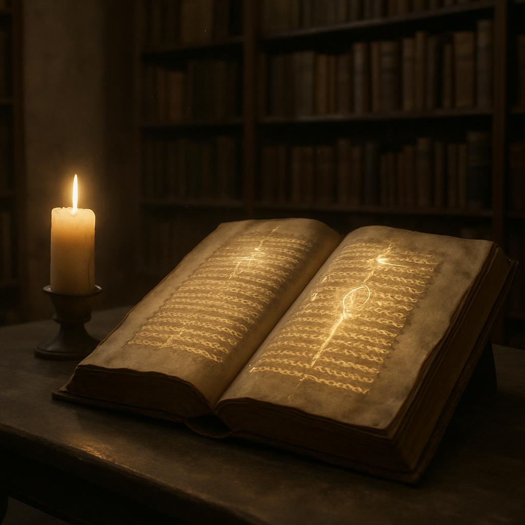 A dimly lit room with a book, a lit candle and a bookshelf as background elements.